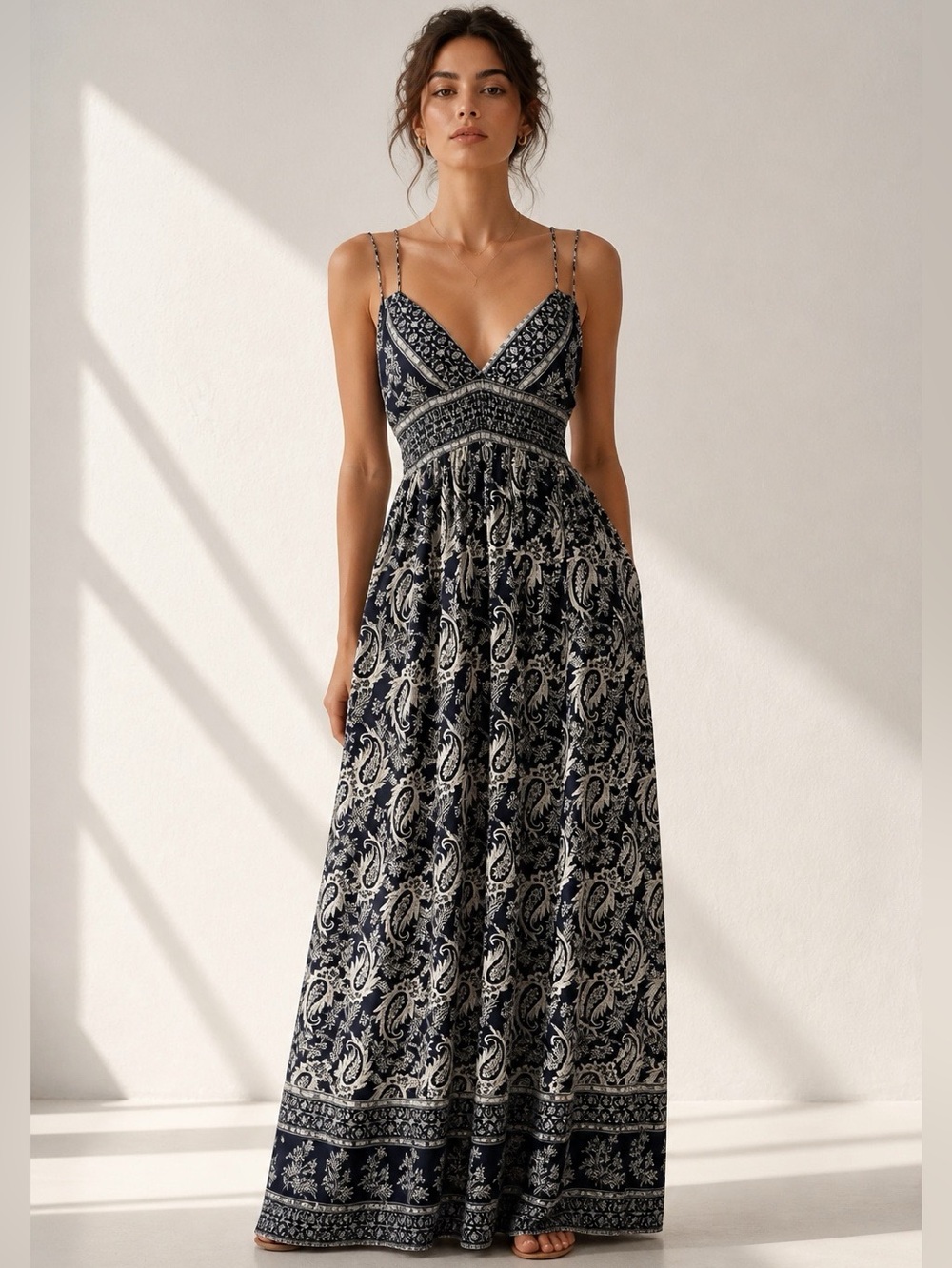 DoubleSpaghetti Strap Navy blue almost black and White Paisley Maxi Dress - Wome